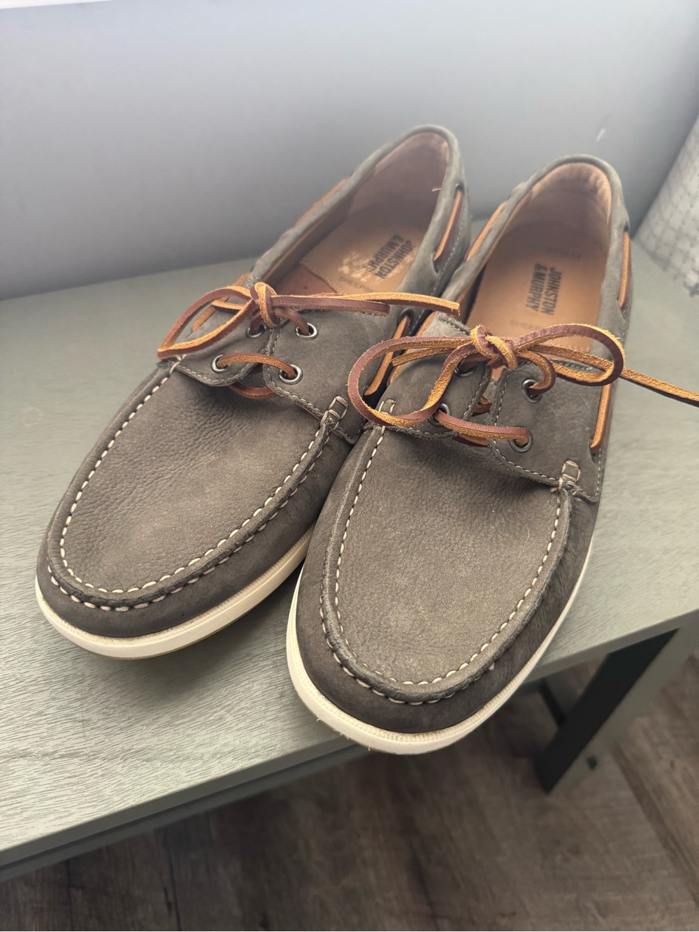 Johnston & Murphy Gray Suede Boat Shoes with Brown Laces